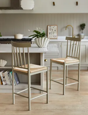 Set of 2 French Grey Wooden Bar Stools with Woven Rope Seat Detail
