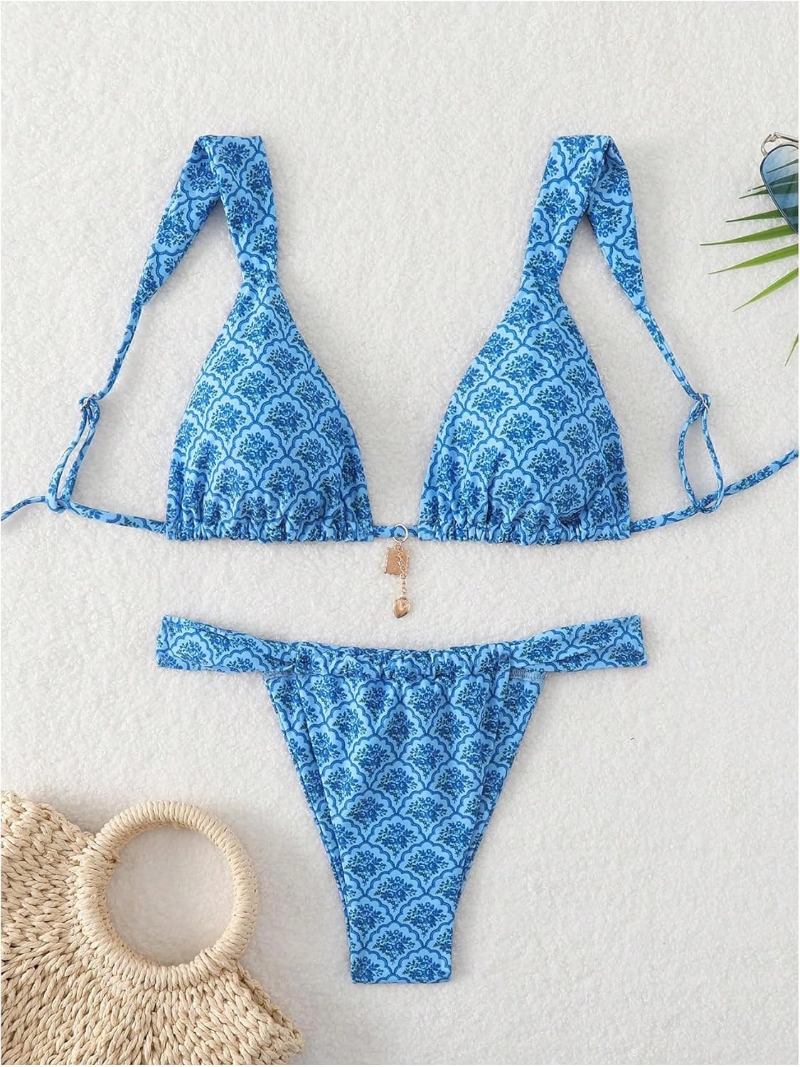 SHENHE Women's Two Piece Swimsuits Triangle V Neck Ruched Brazilian Bikini Set Boho Swimwear