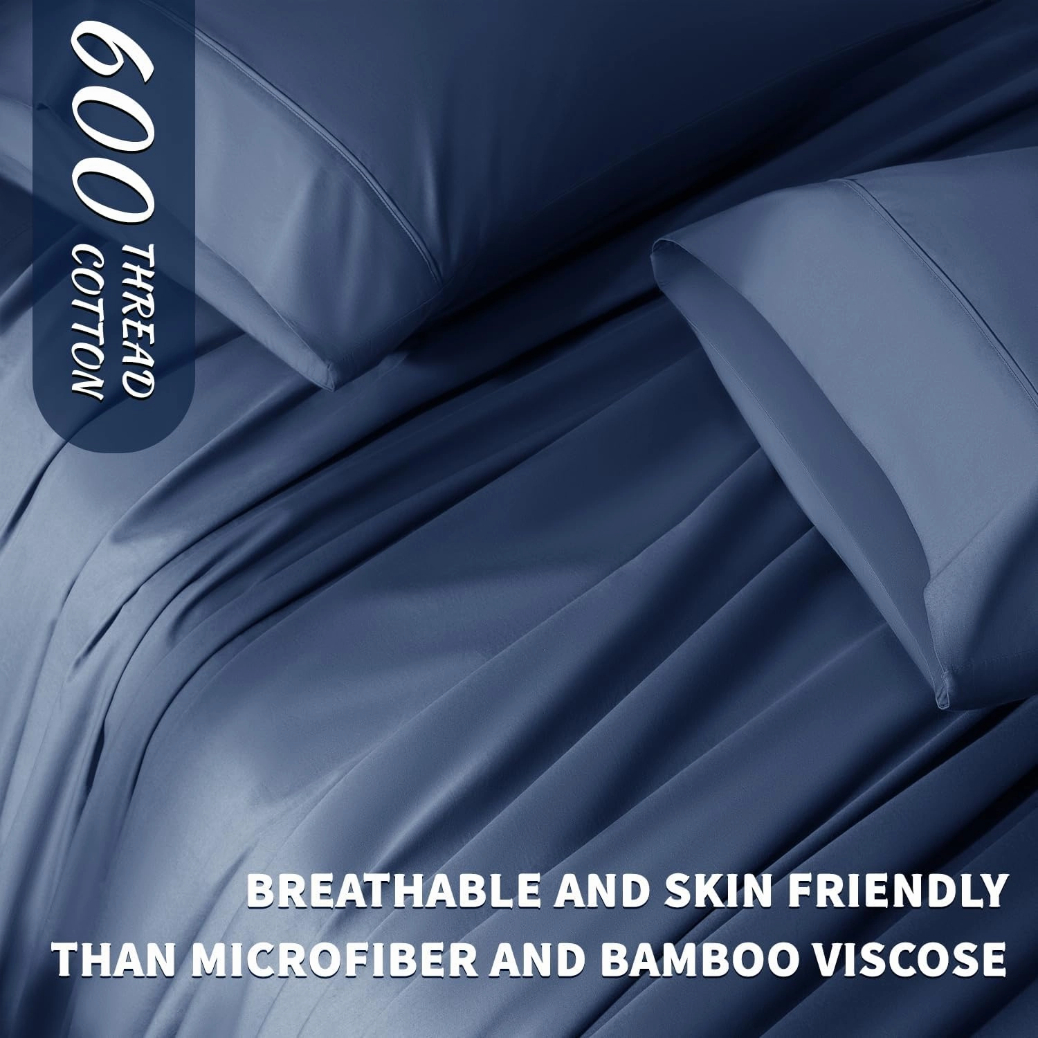 Shilucheng 100% Cotton Sheets Set - 600 Thread Count，Luxury Egyptian Cotton Bed Sheets，5-Star Hotel Quality Sheets, Breathable & Cooling, 16 Inch Deep Pocket - 4 Piece (Navy Blue, Full)