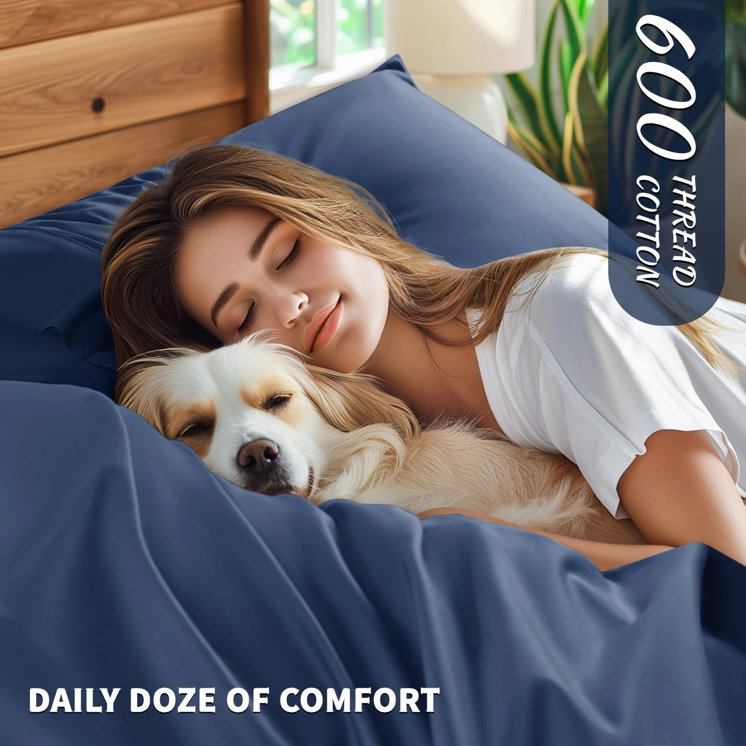 Shilucheng 100% Cotton Sheets Set - 600 Thread Count，Luxury Egyptian Cotton Bed Sheets，5-Star Hotel Quality Sheets, Breathable & Cooling, 16 Inch Deep Pocket - 4 Piece (Navy Blue, Full)