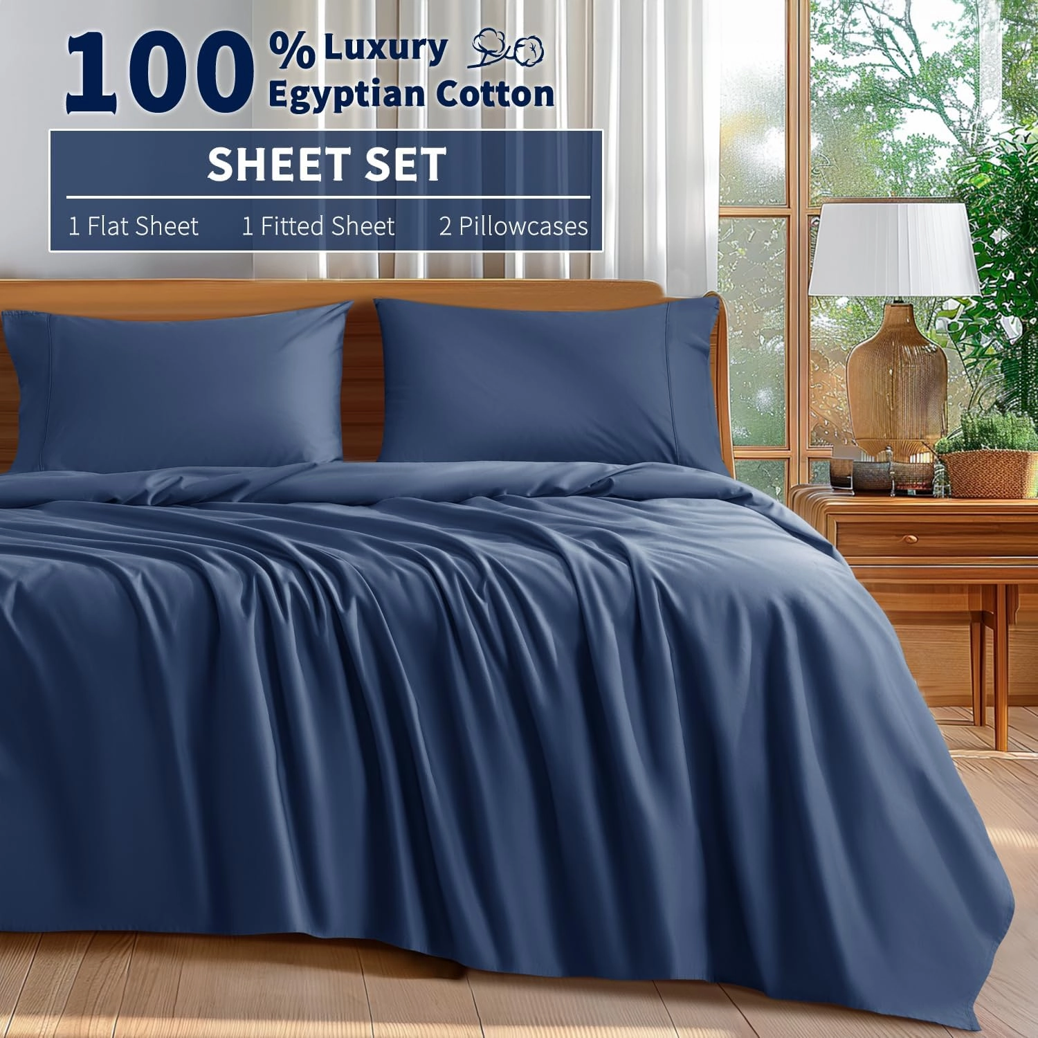 Shilucheng 100% Cotton Sheets Set - 600 Thread Count，Luxury Egyptian Cotton Bed Sheets，5-Star Hotel Quality Sheets, Breathable & Cooling, 16 Inch Deep Pocket - 4 Piece (Navy Blue, Full)