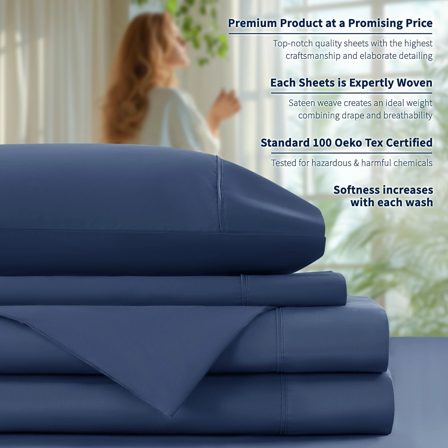 Shilucheng 100% Cotton Sheets Set - 600 Thread Count，Luxury Egyptian Cotton Bed Sheets，5-Star Hotel Quality Sheets, Breathable & Cooling, 16 Inch Deep Pocket - 4 Piece (Navy Blue, Full)