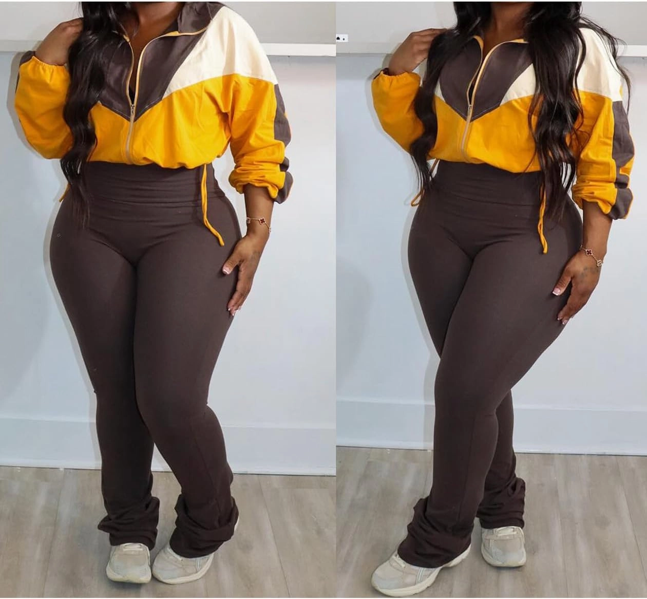 SHINFY Womens Sweatsuits 2 Piece Set Long Sleeve Color Block Cropped Jacket Leggings Pants Jogger Tracksuits Sets