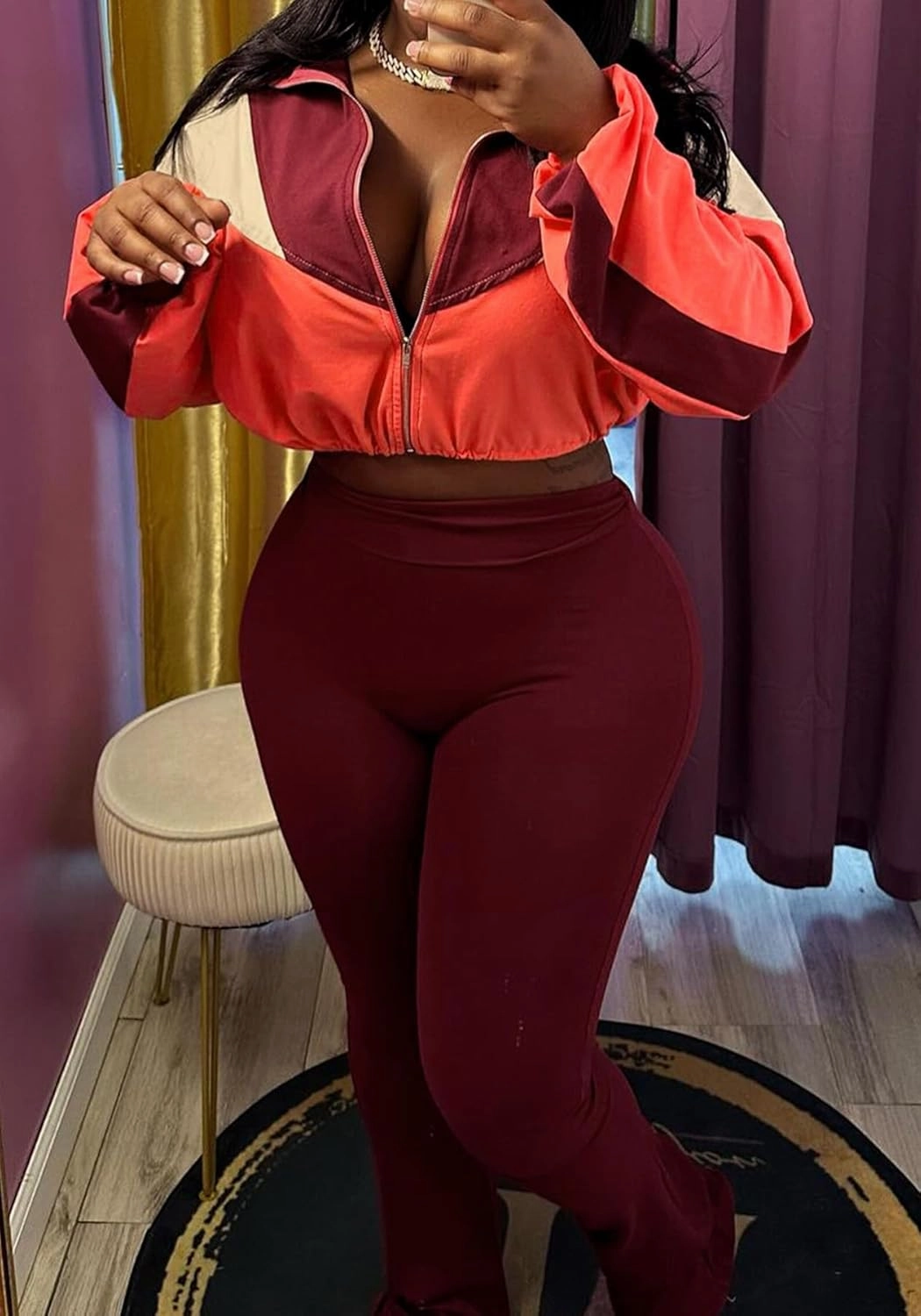 SHINFY Womens Sweatsuits 2 Piece Set Long Sleeve Color Block Cropped Jacket Leggings Pants Jogger Tracksuits Sets