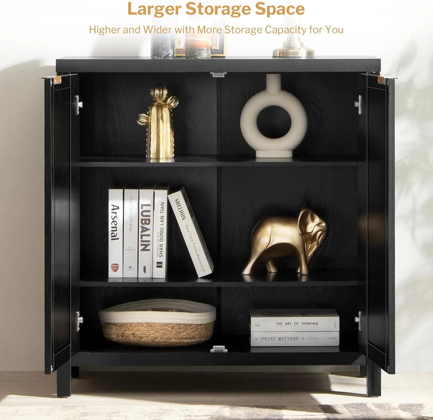 SICOTAS Black Sideboard Buffet Storage Cabinet - 2 Pieces Boho Rattan Credenza Accent Coffee Bar Cabinet with Storage - Large Buffet Table for Dining Living Room Entryway Kitchen
