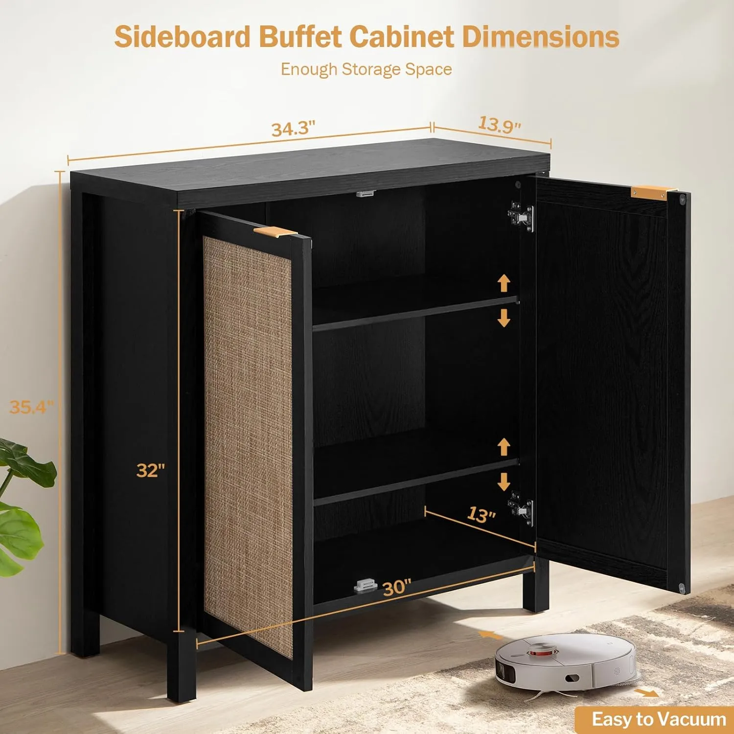SICOTAS Black Sideboard Buffet Storage Cabinet - 2 Pieces Boho Rattan Credenza Accent Coffee Bar Cabinet with Storage - Large Buffet Table for Dining Living Room Entryway Kitchen
