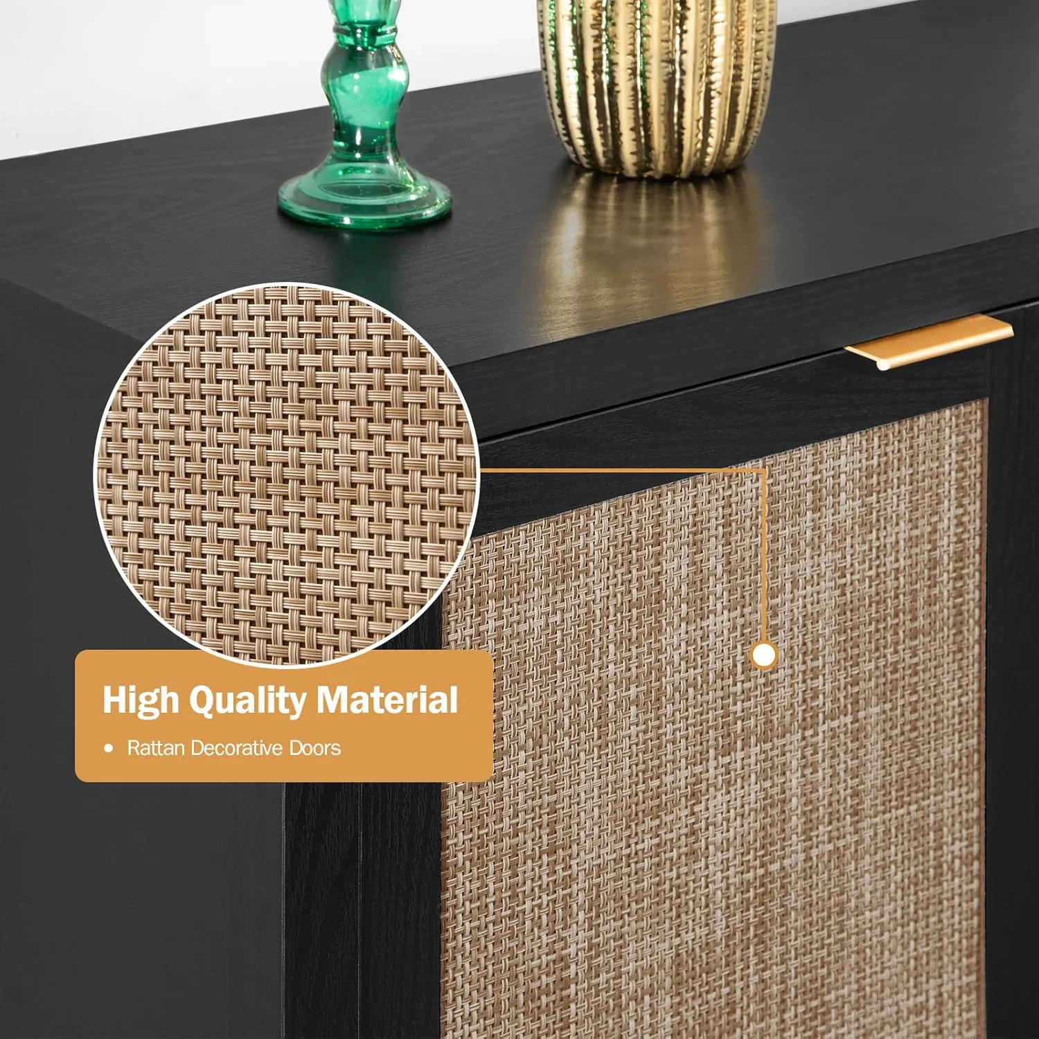SICOTAS Black Sideboard Buffet Storage Cabinet - 2 Pieces Boho Rattan Credenza Accent Coffee Bar Cabinet with Storage - Large Buffet Table for Dining Living Room Entryway Kitchen