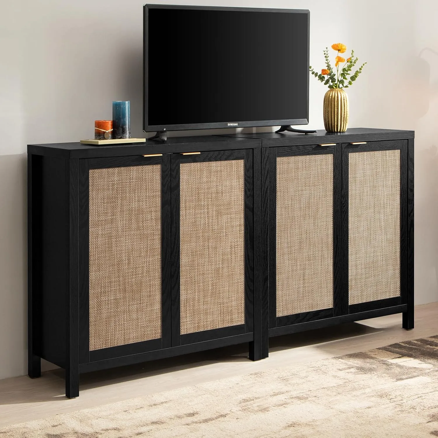 SICOTAS Black Sideboard Buffet Storage Cabinet - 2 Pieces Boho Rattan Credenza Accent Coffee Bar Cabinet with Storage - Large Buffet Table for Dining Living Room Entryway Kitchen