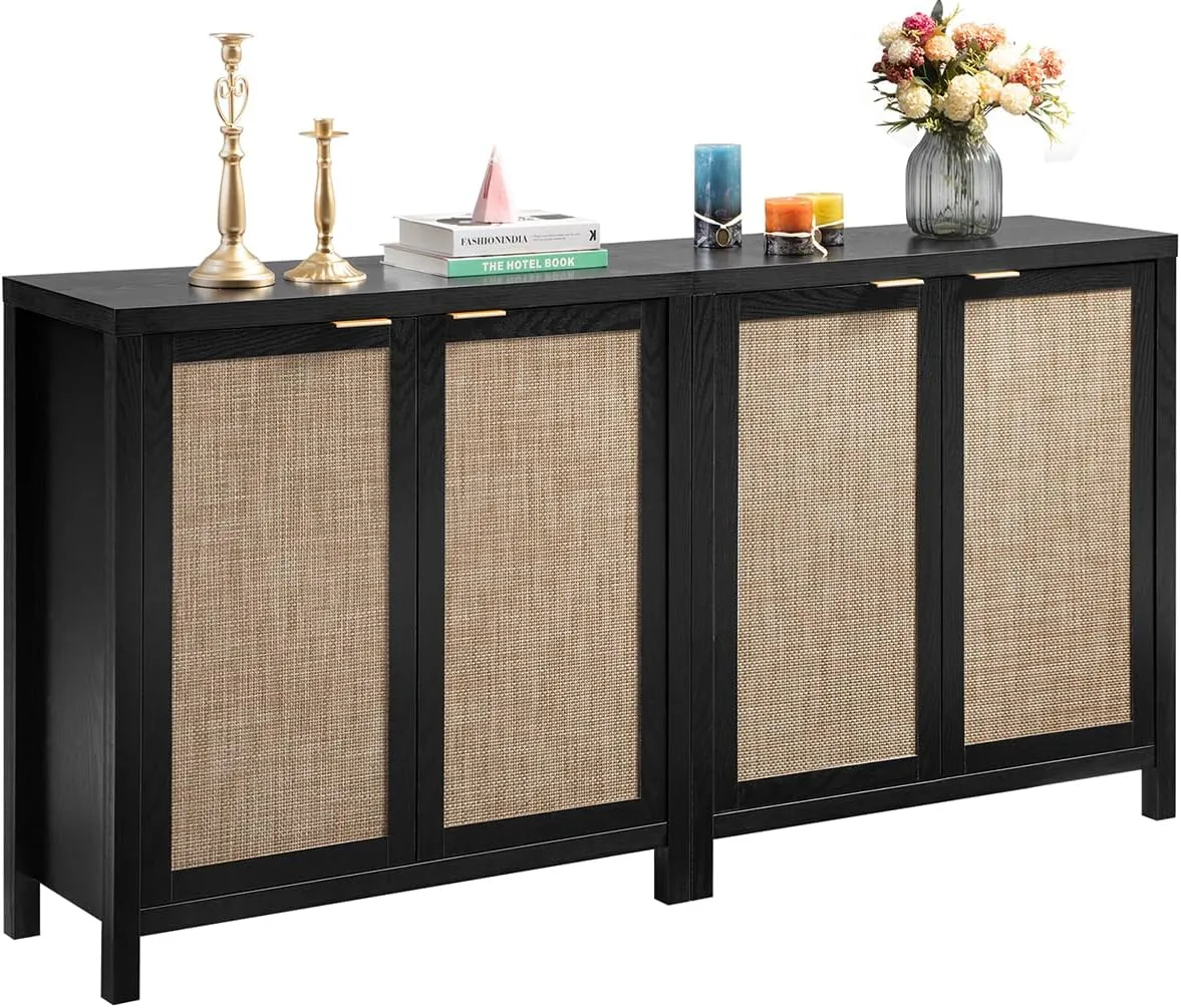 SICOTAS Black Sideboard Buffet Storage Cabinet - 2 Pieces Boho Rattan Credenza Accent Coffee Bar Cabinet with Storage - Large Buffet Table for Dining Living Room Entryway Kitchen