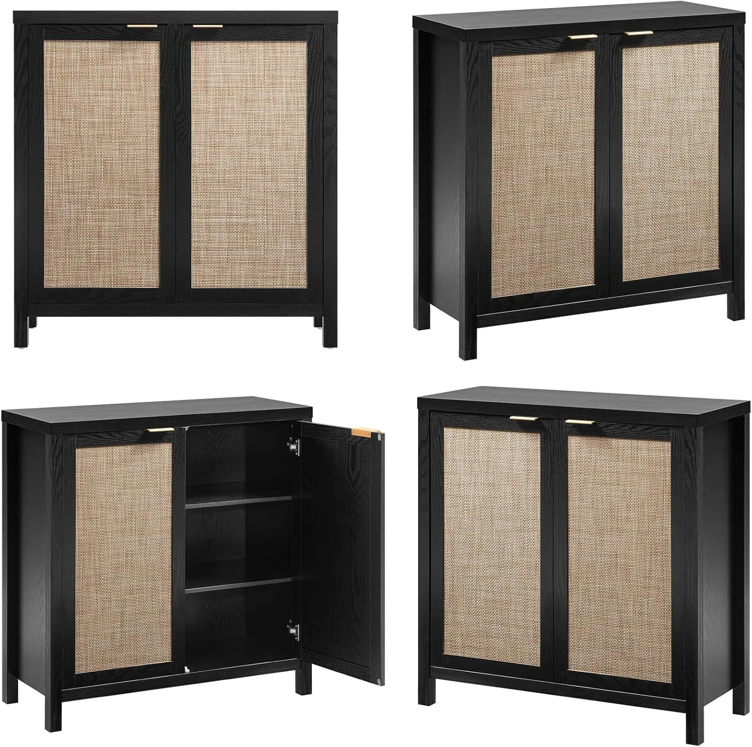 SICOTAS Black Sideboard Buffet Storage Cabinet - 2 Pieces Boho Rattan Credenza Accent Coffee Bar Cabinet with Storage - Large Buffet Table for Dining Living Room Entryway Kitchen