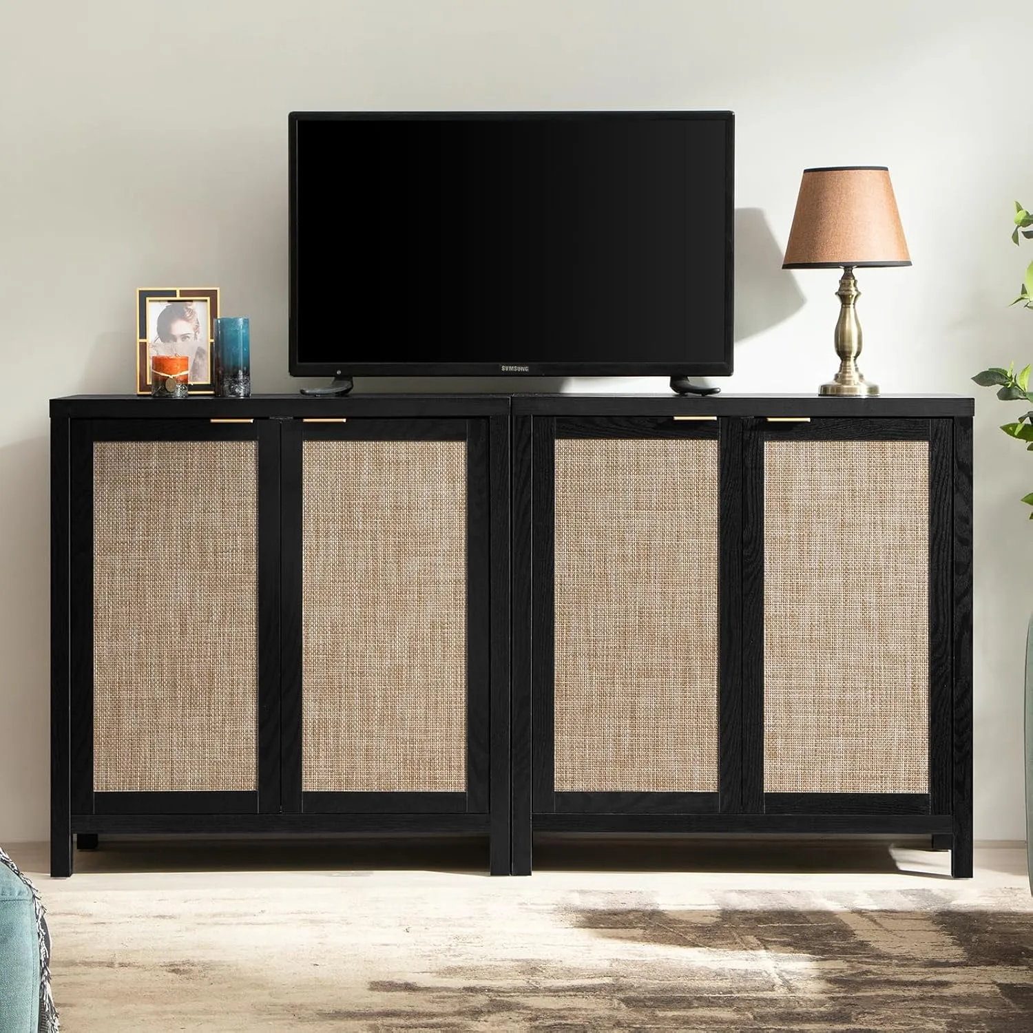 SICOTAS Black Sideboard Buffet Storage Cabinet - 2 Pieces Boho Rattan Credenza Accent Coffee Bar Cabinet with Storage - Large Buffet Table for Dining Living Room Entryway Kitchen