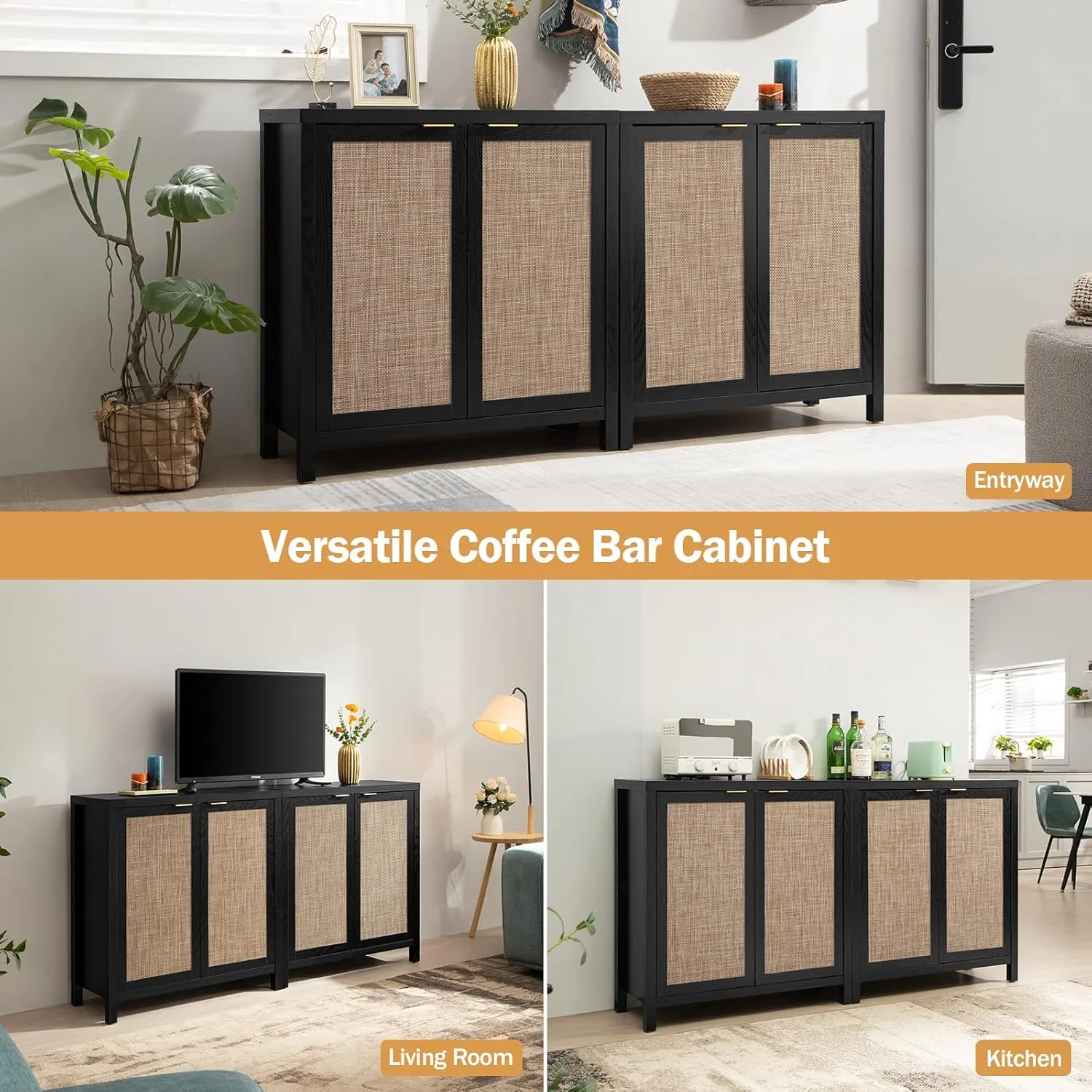 SICOTAS Black Sideboard Buffet Storage Cabinet - 2 Pieces Boho Rattan Credenza Accent Coffee Bar Cabinet with Storage - Large Buffet Table for Dining Living Room Entryway Kitchen