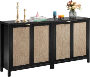 SICOTAS Black Sideboard Buffet Storage Cabinet - 2 Pieces Boho Rattan Credenza Accent Coffee Bar Cabinet with Storage - Large Buffet Table for Dining Living Room Entryway Kitchen