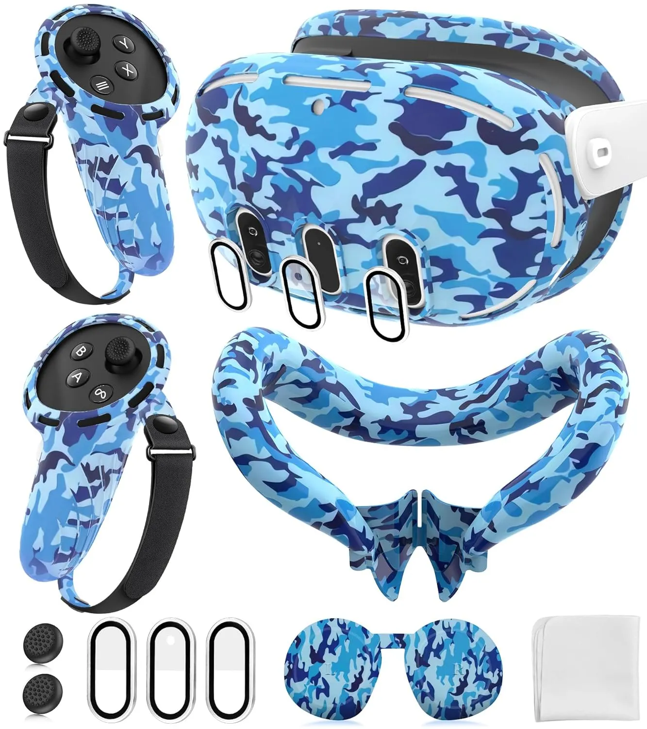Silicone Cover Set Compatible with Meta/Oculus Quest 3 Accessories, Controller Grips, VR Shell Cover, Facial Interface Cover, Protective Lens Cover, Tempered Glass Lens Caps, Not Fit Quest 3S