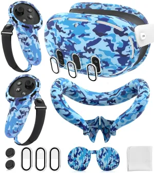 Silicone Cover Set Compatible with Meta/Oculus Quest 3 Accessories, Controller Grips, VR Shell Cover, Facial Interface Cover, Protective Lens Cover, Tempered Glass Lens Caps, Not Fit Quest 3S