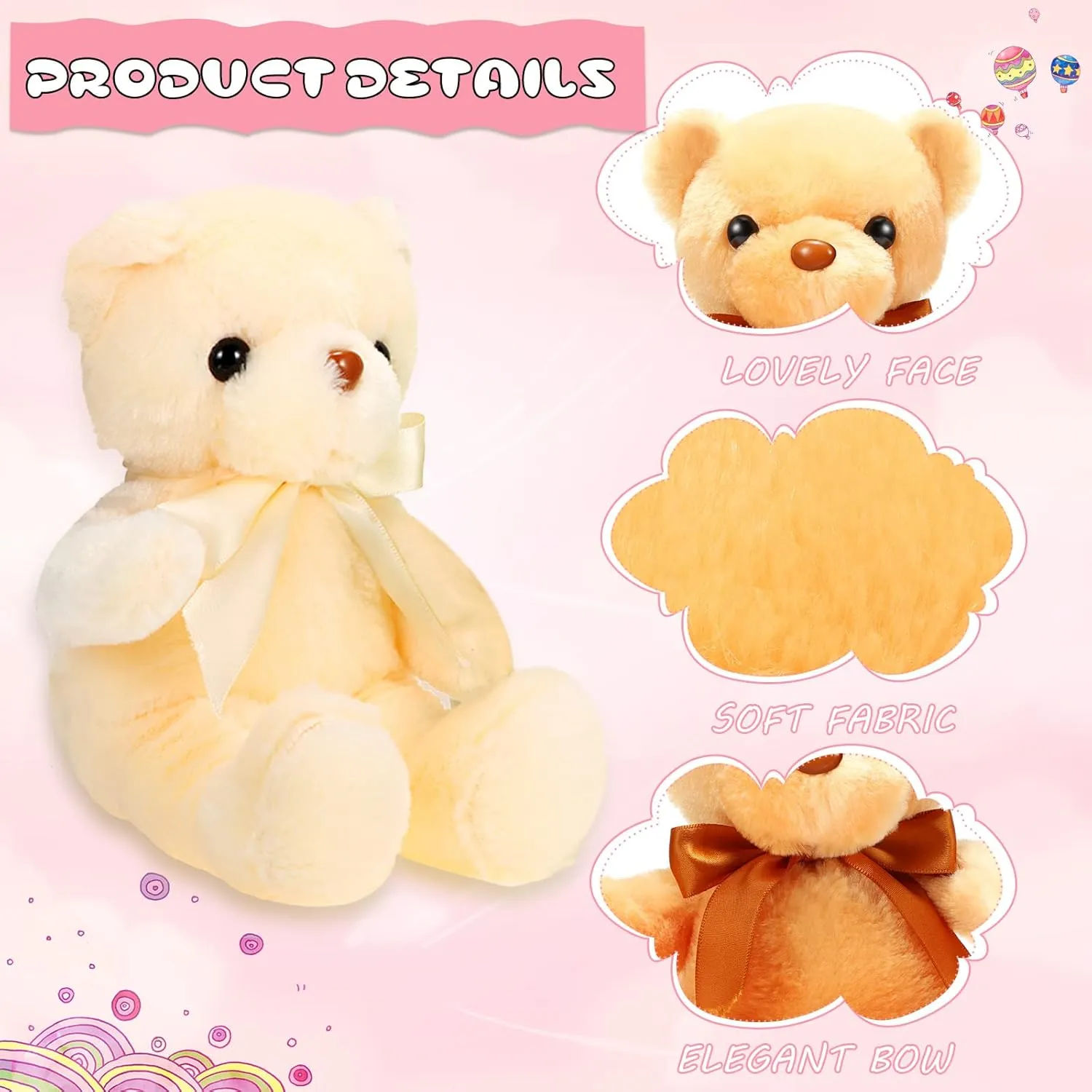 Skylety 10 Pieces Bears Bulk Stuffed Animals Soft Plush Toy Gift Bears with Ribbon Bow for Boys Girls Birthday Wedding Baby Shower Party Favor(Vivid Colors)