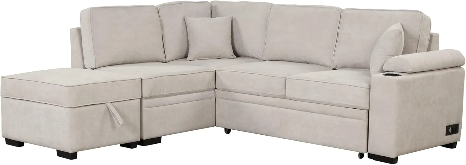 Sleeper Sofa Bed,2 in 1 Pull Out Sofa Bed L Shape Couch with Storage Ottoman for Living Room,Bedroom Couch and Small Apartment，Beige