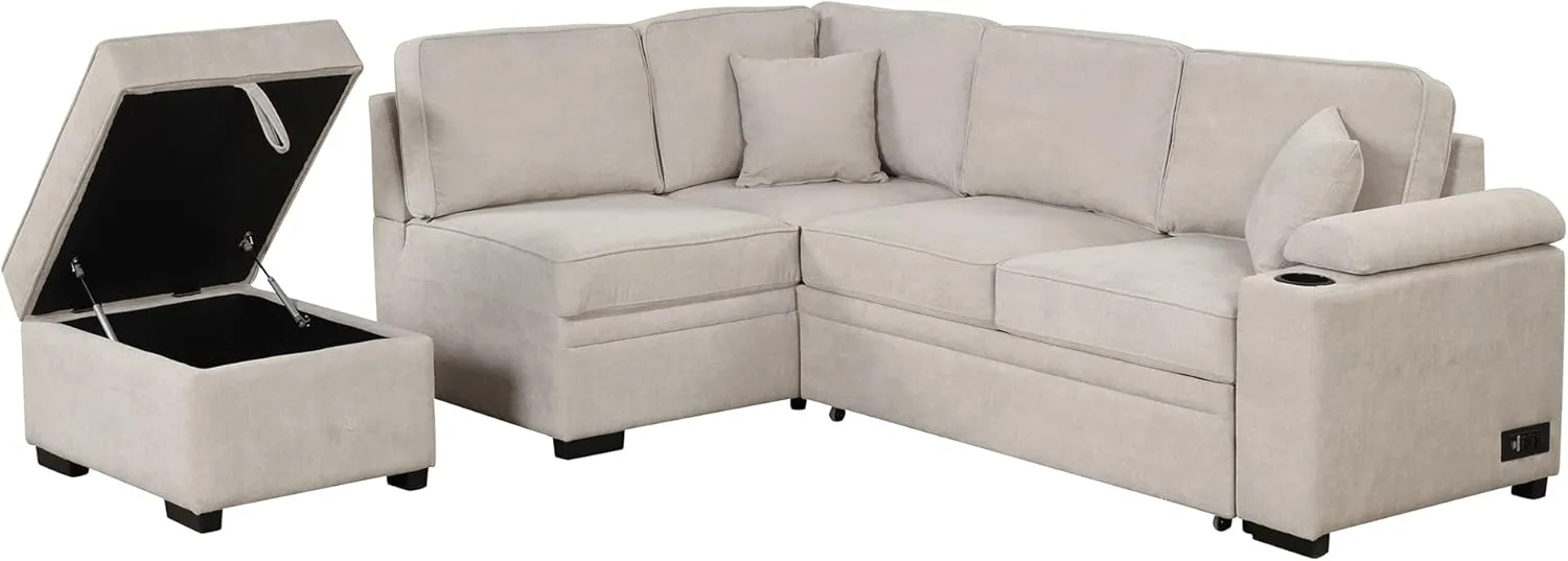 Sleeper Sofa Bed,2 in 1 Pull Out Sofa Bed L Shape Couch with Storage Ottoman for Living Room,Bedroom Couch and Small Apartment，Beige