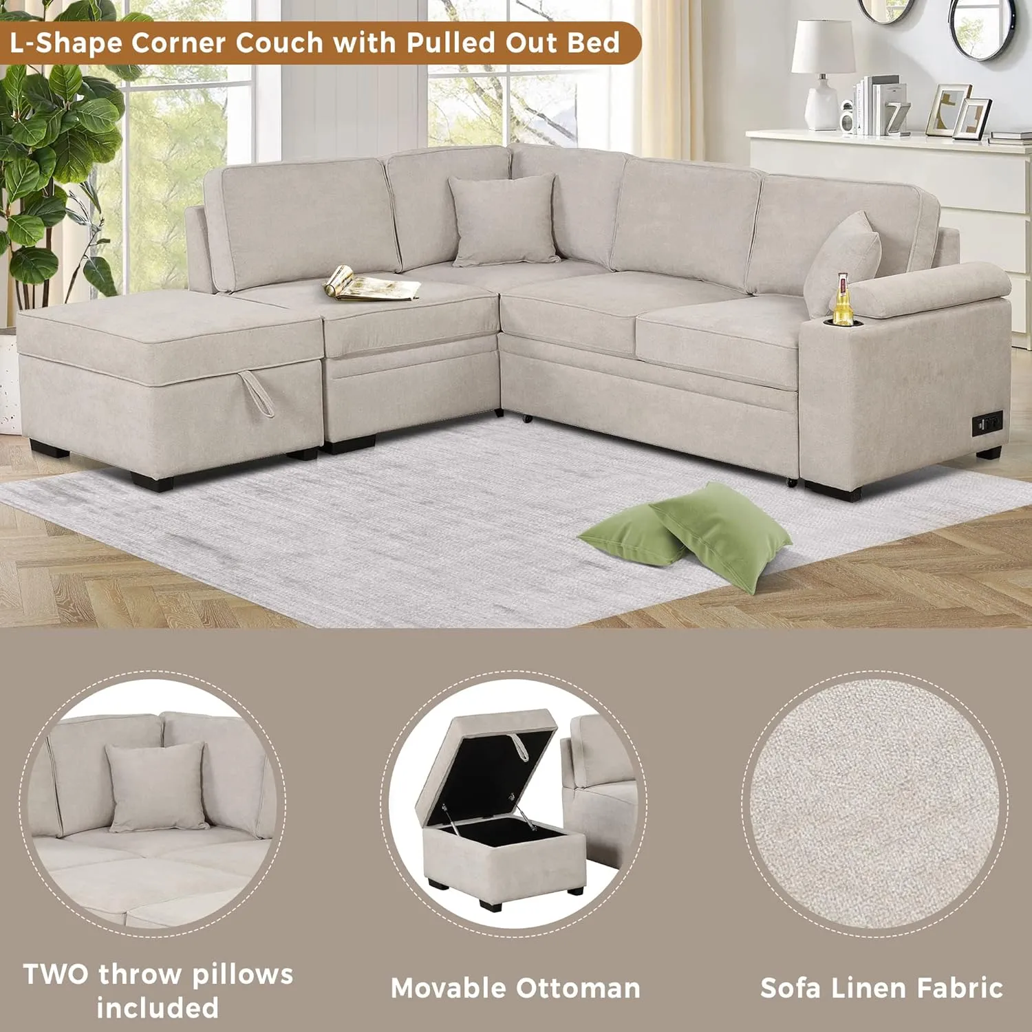 Sleeper Sofa Bed,2 in 1 Pull Out Sofa Bed L Shape Couch with Storage Ottoman for Living Room,Bedroom Couch and Small Apartment，Beige