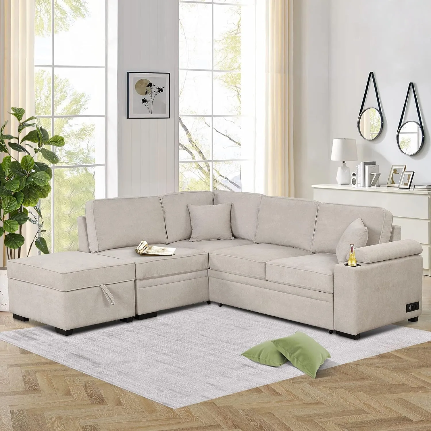 Sleeper Sofa Bed,2 in 1 Pull Out Sofa Bed L Shape Couch with Storage Ottoman for Living Room,Bedroom Couch and Small Apartment，Beige