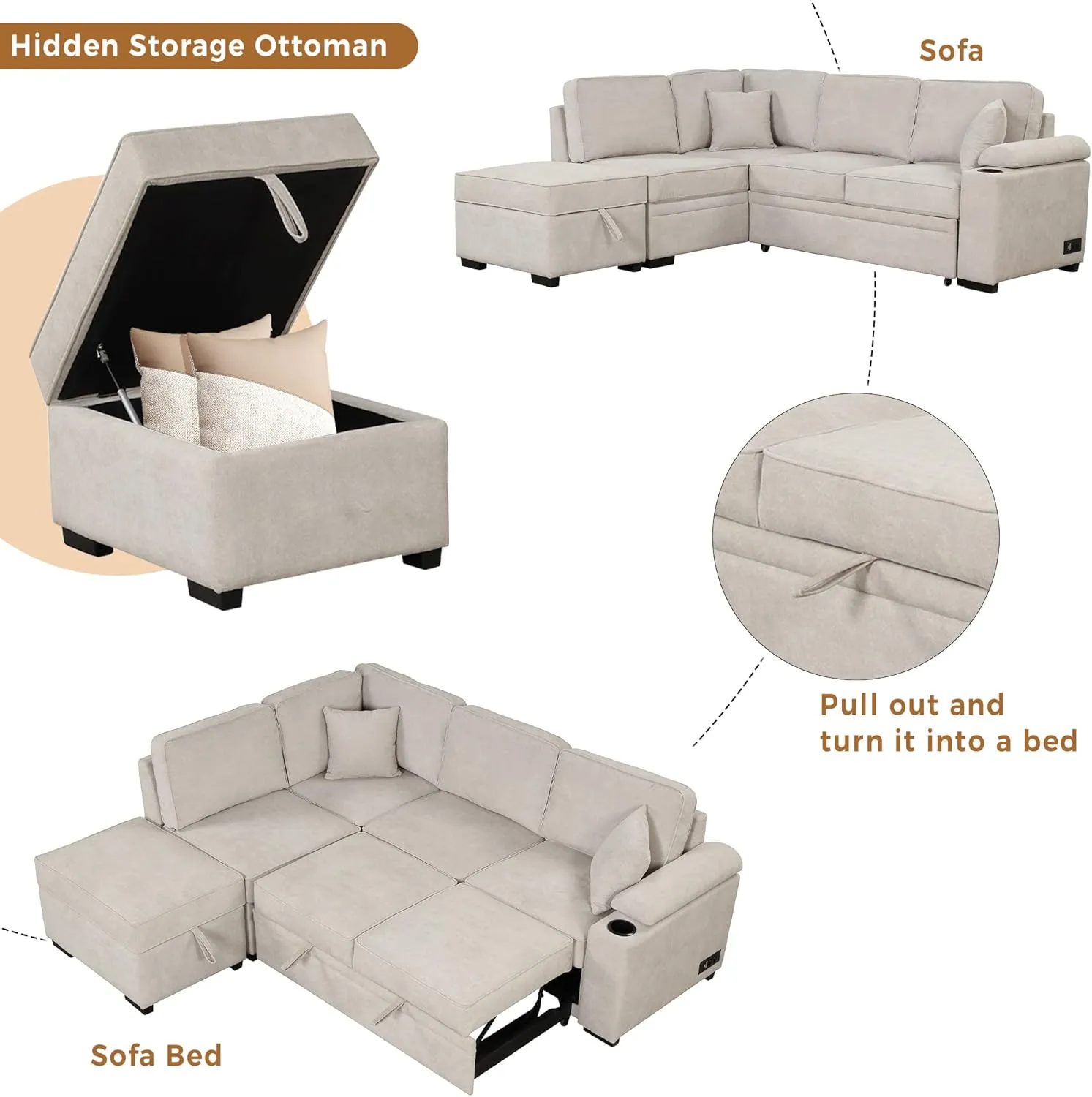 Sleeper Sofa Bed,2 in 1 Pull Out Sofa Bed L Shape Couch with Storage Ottoman for Living Room,Bedroom Couch and Small Apartment，Beige