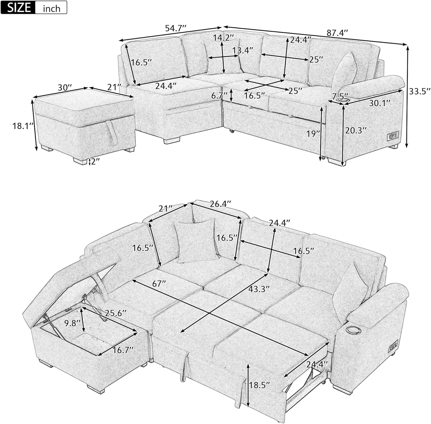 Sleeper Sofa Bed,2 in 1 Pull Out Sofa Bed L Shape Couch with Storage Ottoman for Living Room,Bedroom Couch and Small Apartment，Beige