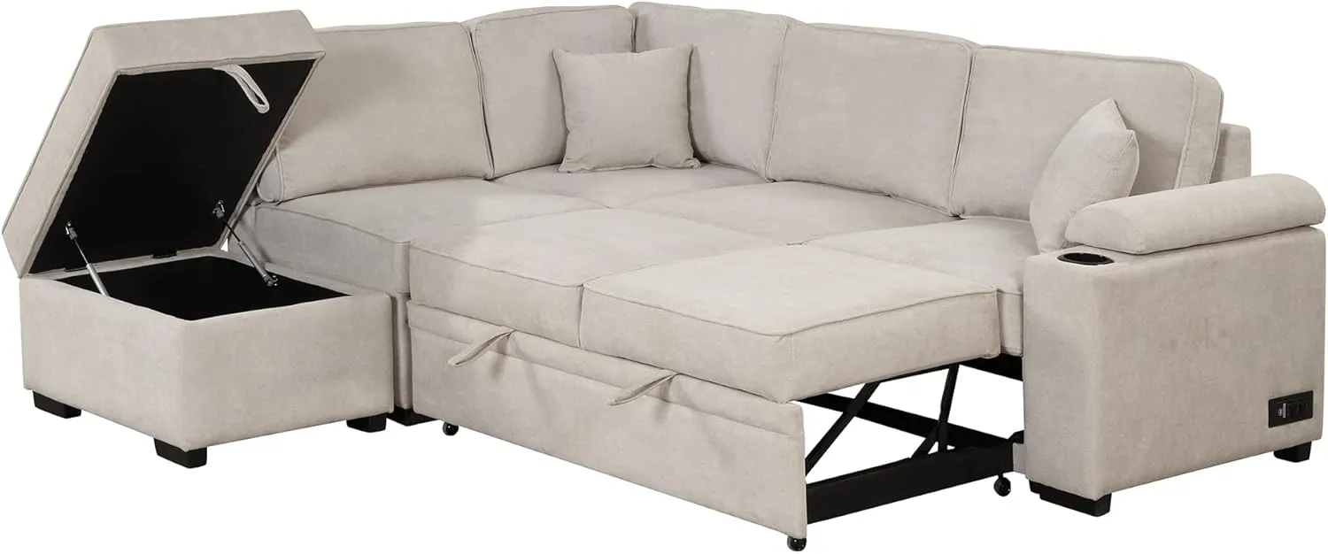 Sleeper Sofa Bed,2 in 1 Pull Out Sofa Bed L Shape Couch with Storage Ottoman for Living Room,Bedroom Couch and Small Apartment，Beige