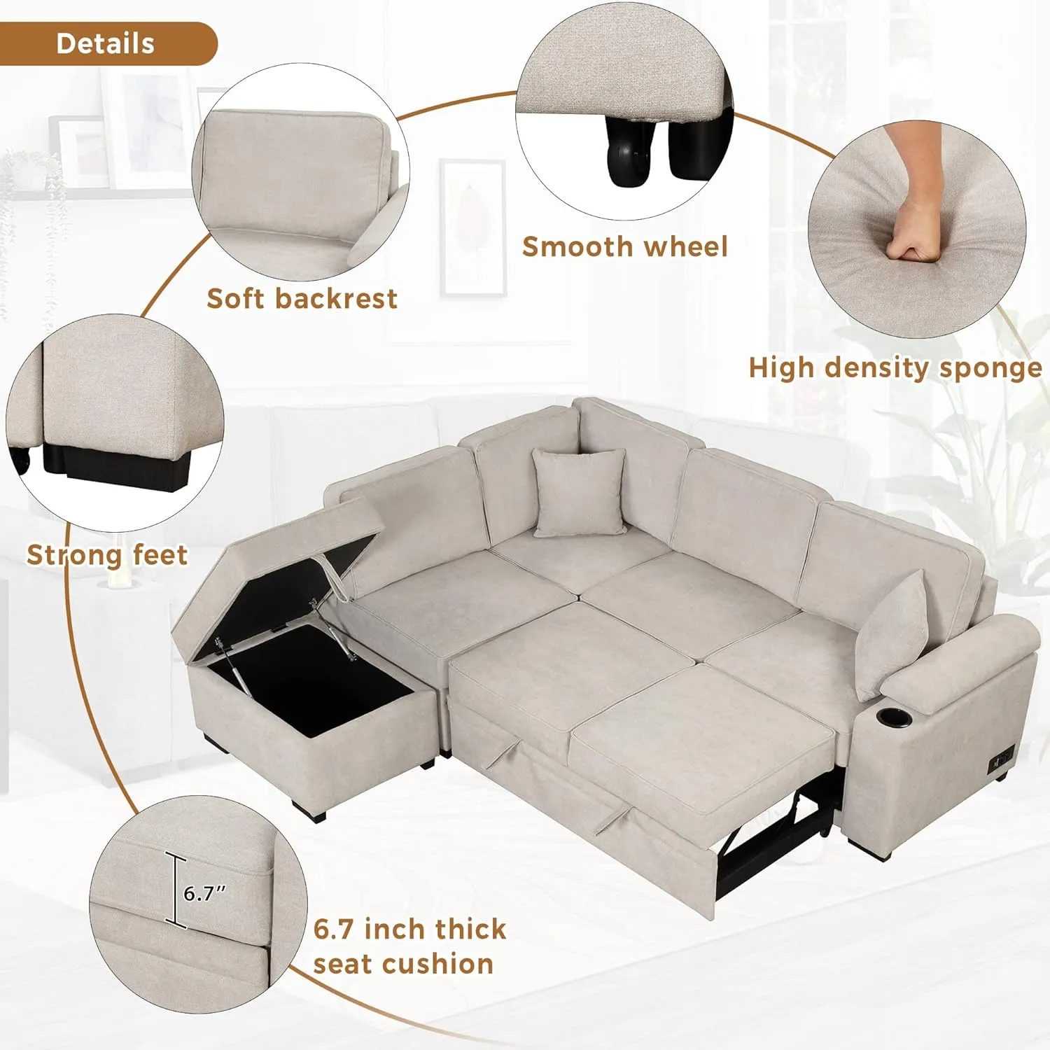 Sleeper Sofa Bed,2 in 1 Pull Out Sofa Bed L Shape Couch with Storage Ottoman for Living Room,Bedroom Couch and Small Apartment，Beige