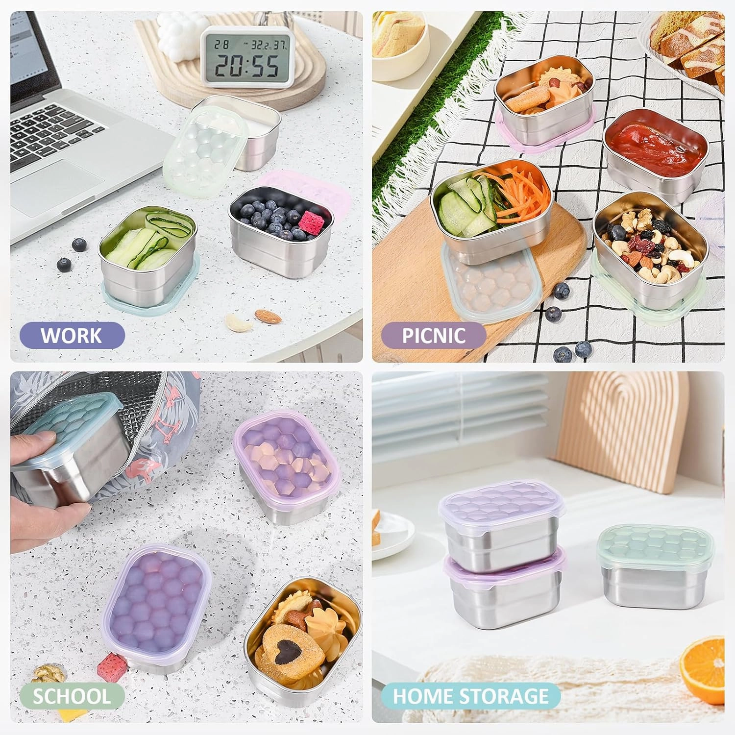 Small (1 CUP) Stainless Steel Snack Containers for Kids and Toddlers | Easy Open Leak Proof Food Containers with Silicone Lids - Perfect Metal Lunch Box for Daycare and School (8oz, Set of 4)