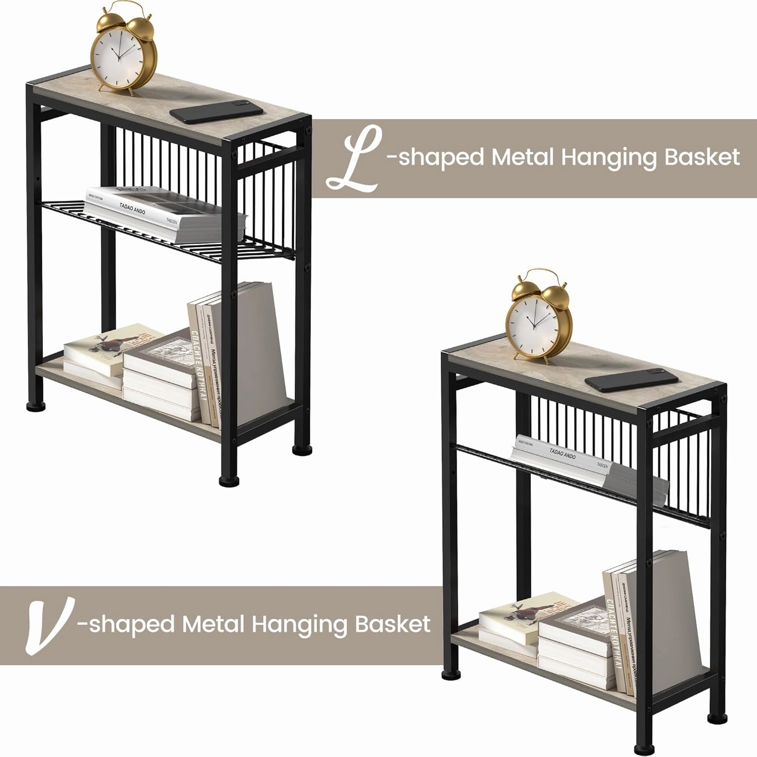 Small Side Table for Small Space, 3-Tier Narrow End Table with Magazine Holder, Slim Nightstand, Skinny Snack Couch Table in Living Room, Bedroom, Study, Kitchen and Balcony (Greige)