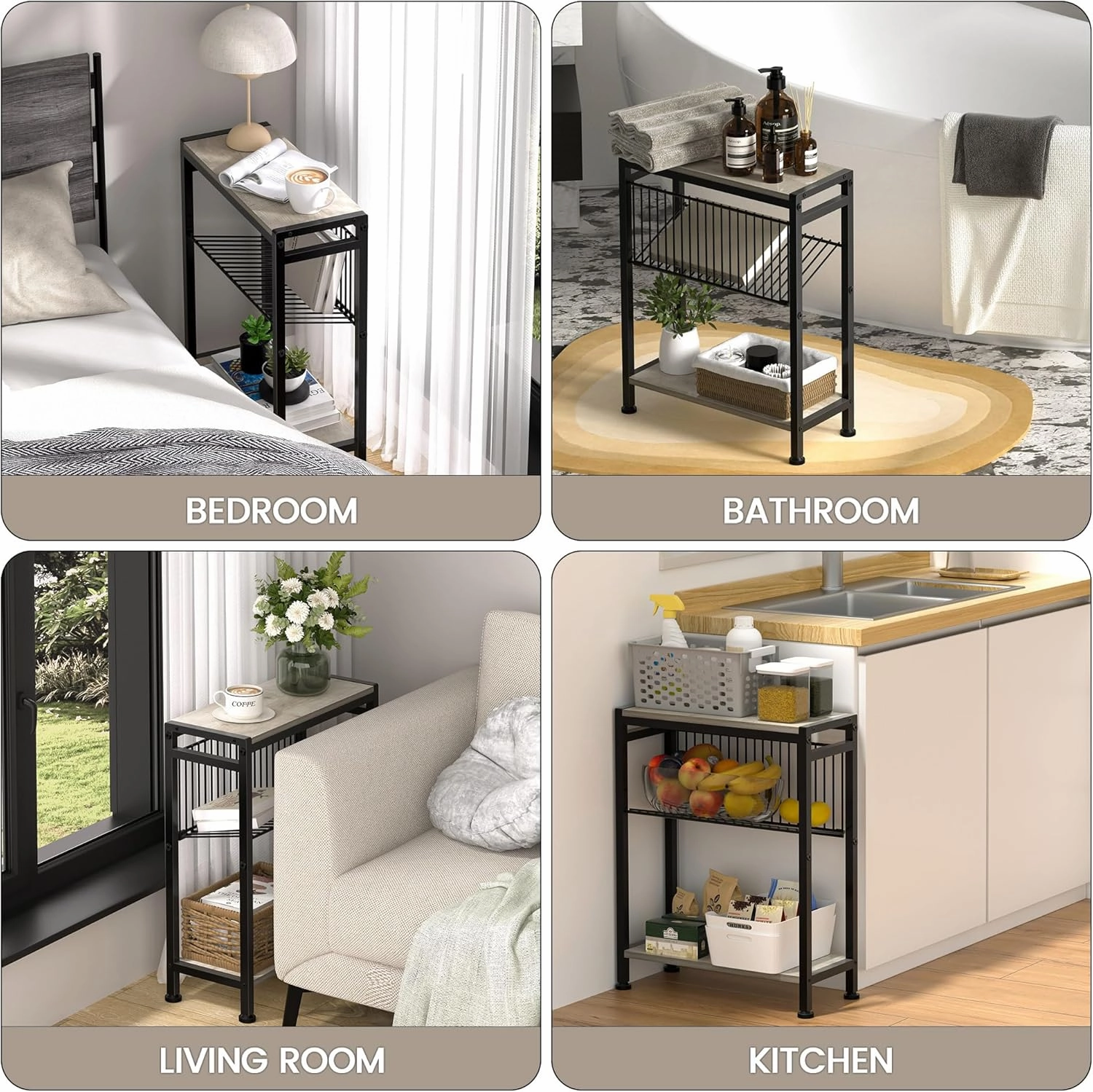 Small Side Table for Small Space, 3-Tier Narrow End Table with Magazine Holder, Slim Nightstand, Skinny Snack Couch Table in Living Room, Bedroom, Study, Kitchen and Balcony (Greige)