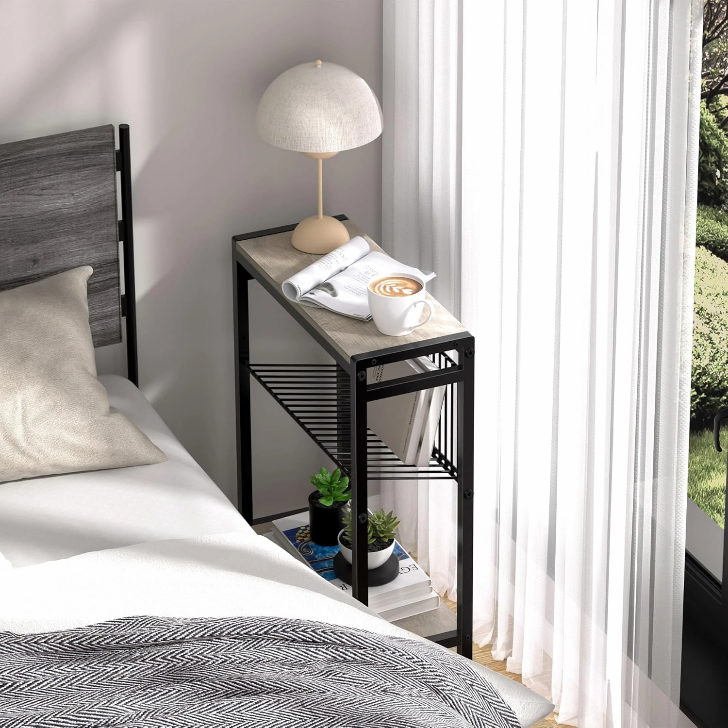 Small Side Table for Small Space, 3-Tier Narrow End Table with Magazine Holder, Slim Nightstand, Skinny Snack Couch Table in Living Room, Bedroom, Study, Kitchen and Balcony (Greige)