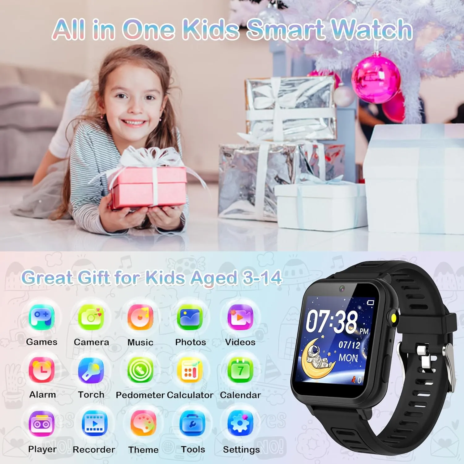 Smart Watch for Kids with 24 Games Kids Watch Boys Touch Screen Music Player Camera Alarm Clock Calculator Flashlight 12/24 hr Kids Smart Watch Boys Toys for Kids 3-12 Year Old