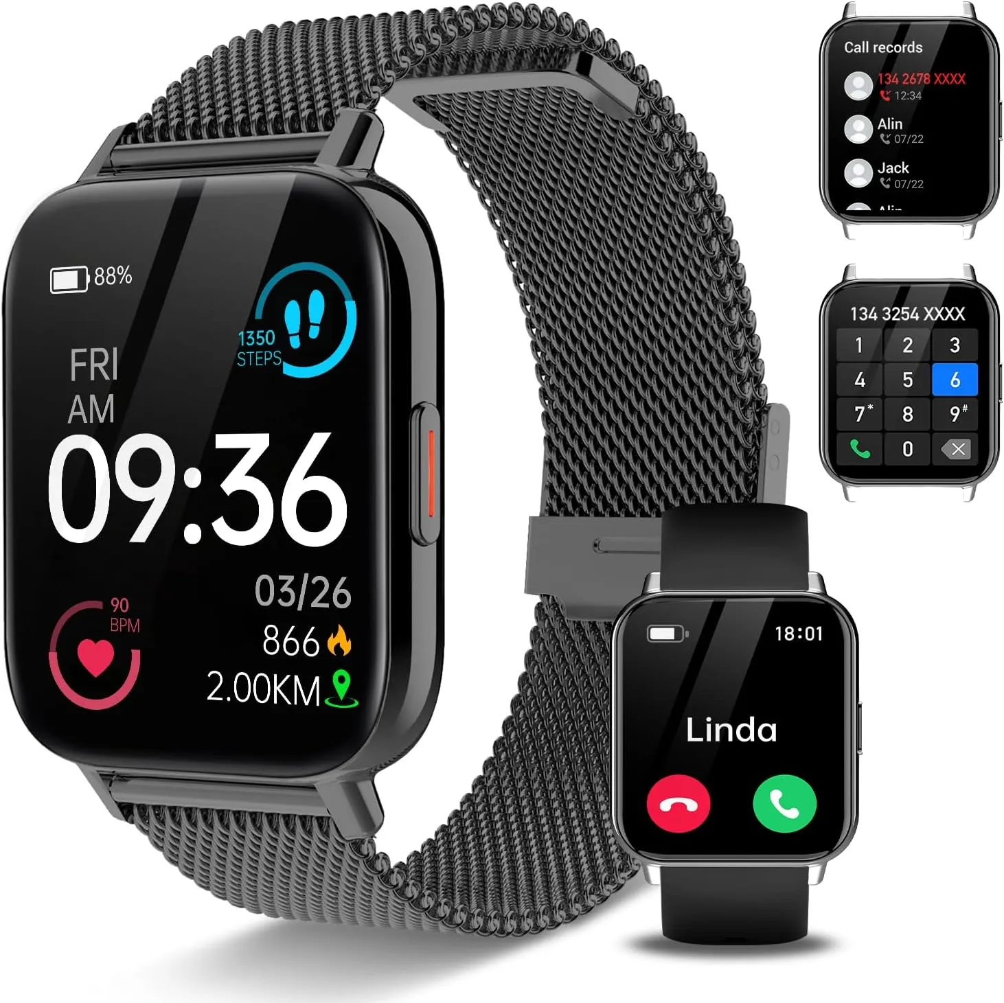 Smart Watch(Answer/Make Call), 1.85" Smart watch for Men Women IP68 Waterproof Smart Watches for Android iPhone Fitness Activity Tracker Heart Rate Sleep Monitor, 100  Sport Modes ,Pedometer,Black.
