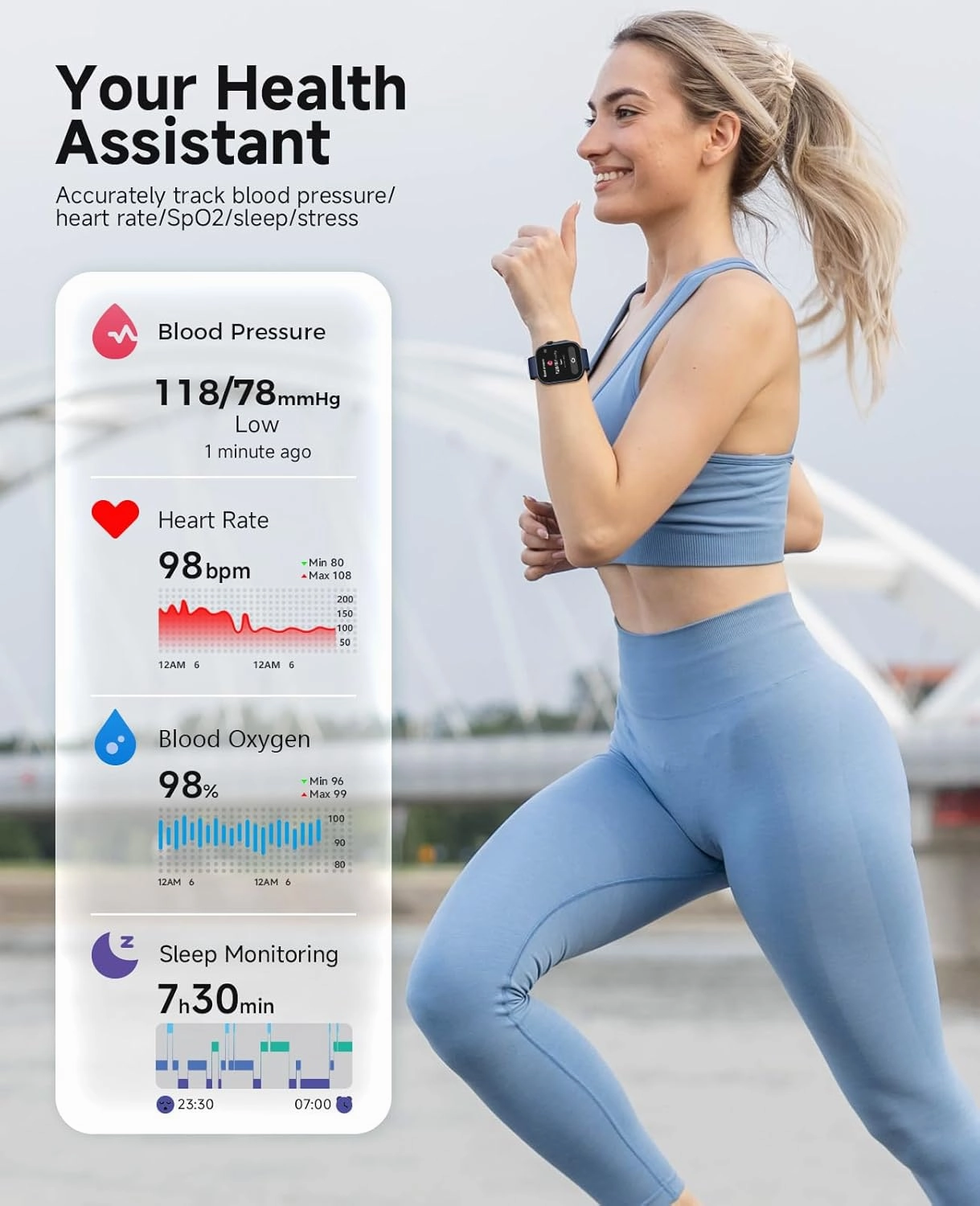 Smart Watch, AI Running Plan, PPG Blood Pressure Monitor, 3ATM Waterproof Fitness Tracker, 1.99" AMOLED Display, Heart Rate Blood Oxygen Sleep, Smartwatch for Men Compatible with Android and iOS Blue