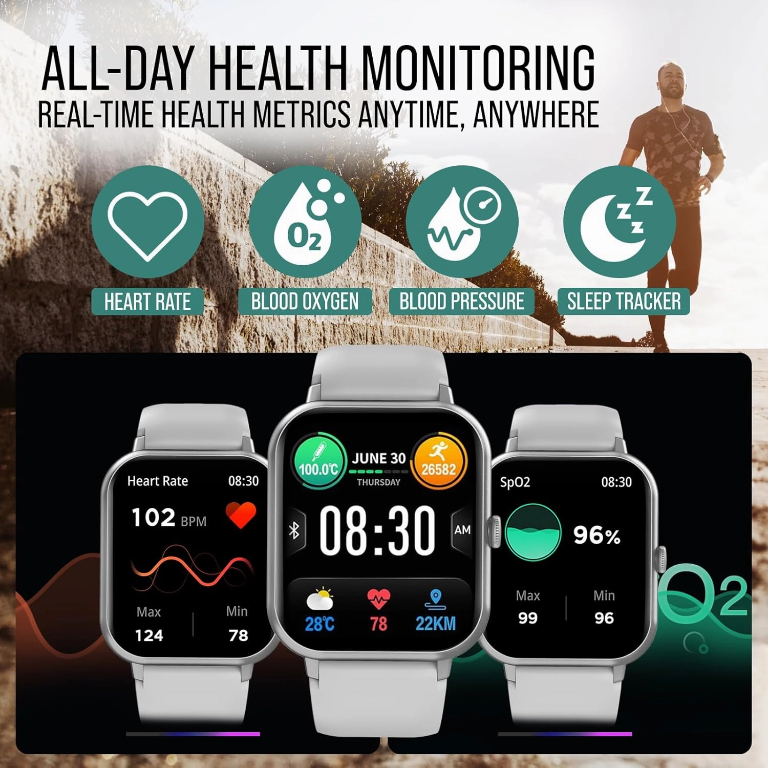 Smart Watch (Answer/Make Calls) 1.83" Fitness Tracker Heart Rate Blood Pressure Oxygen Sleep Monitor 200 Sport Modes Step Calories Trackers IP67 Waterproof Android iPhone Women Men (Silver)