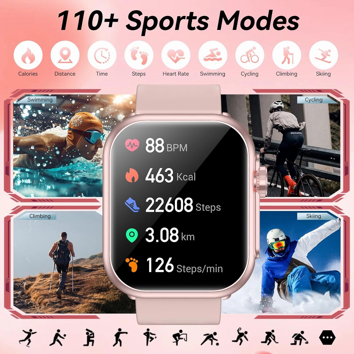 Smart Watch for Men Women, 1000mAh Battery 100-Day Standby Time, 1.85" HD Screen Fitness Tracker, 110  Sport Modes, IP68 Waterproof, Heart Rate/Sleep Monitor, Fitness Watch for Android/iOS (Pink)