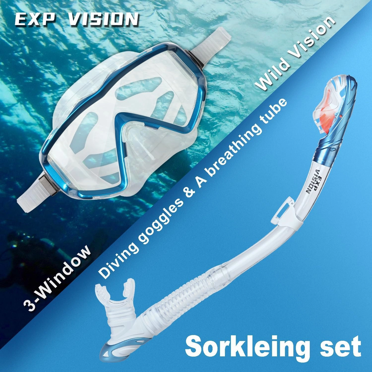 Snorkel Set Pano 3 Window Adult Snorkeling Gear, Professional Snorkel Goggles Anti-Fog Diving Mask, Anti-Leak Swim Goggles and Dry Top Snorkel for Diving, Snorkeling, Swimming