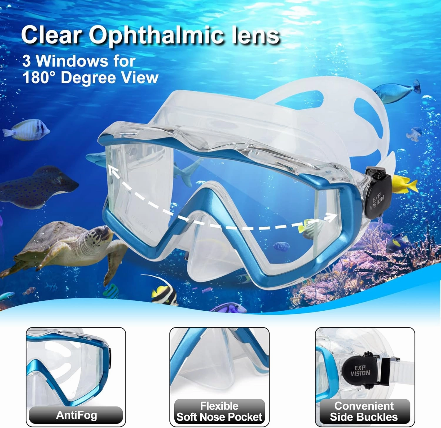 Snorkel Set Pano 3 Window Adult Snorkeling Gear, Professional Snorkel Goggles Anti-Fog Diving Mask, Anti-Leak Swim Goggles and Dry Top Snorkel for Diving, Snorkeling, Swimming