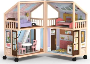 So Darling Wooden Dollhouse on Wheels, Open & Close with 29 Accessories