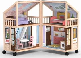 So Darling Wooden Dollhouse on Wheels, Open & Close with 29 Accessories
