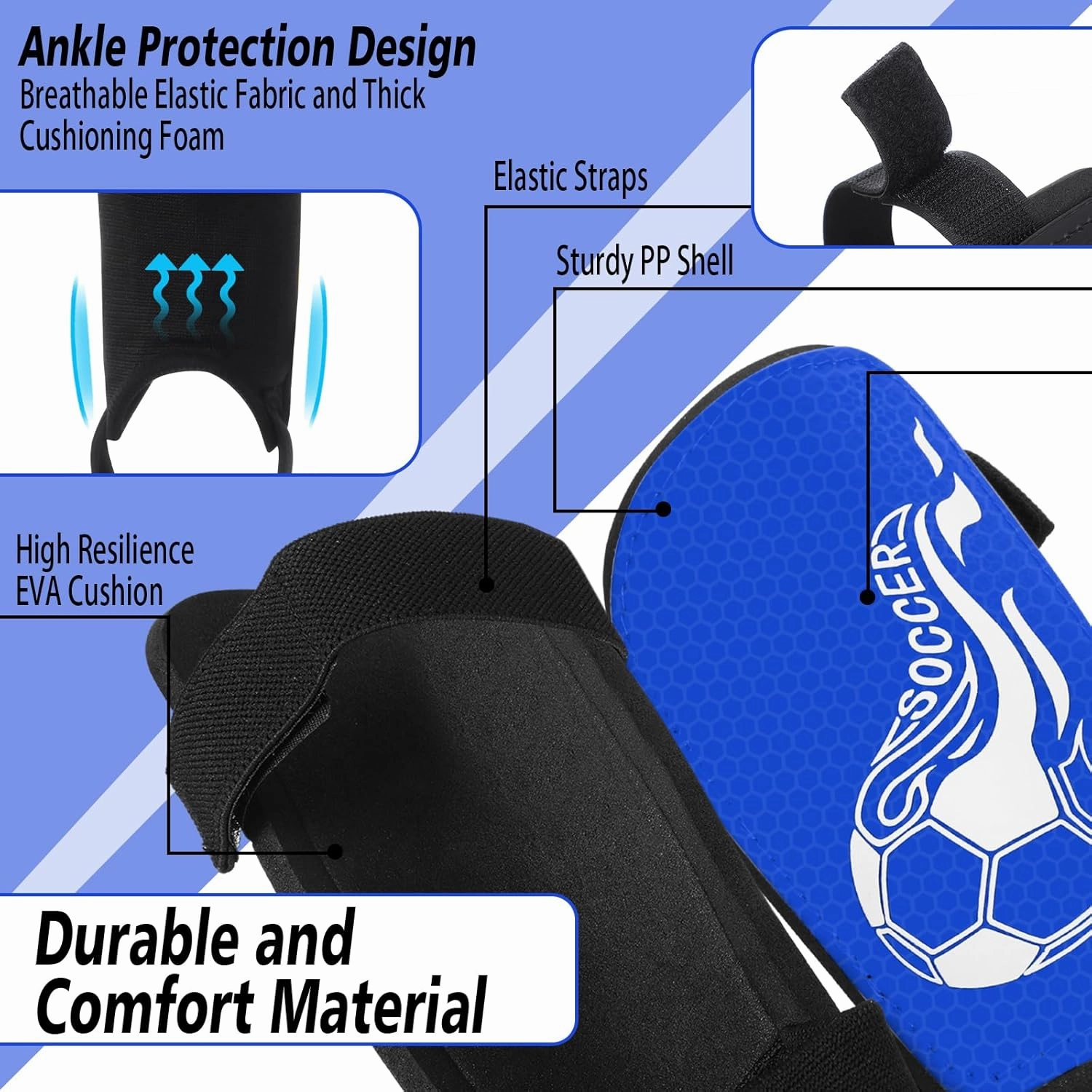 Soccer Shin Guards for Kids Youth 4-8, 8-14, Lightweight Adjustable Strap Soccer Shin Pads with Ankle Protection Protective Football Equipment for Boys Girls Teens
