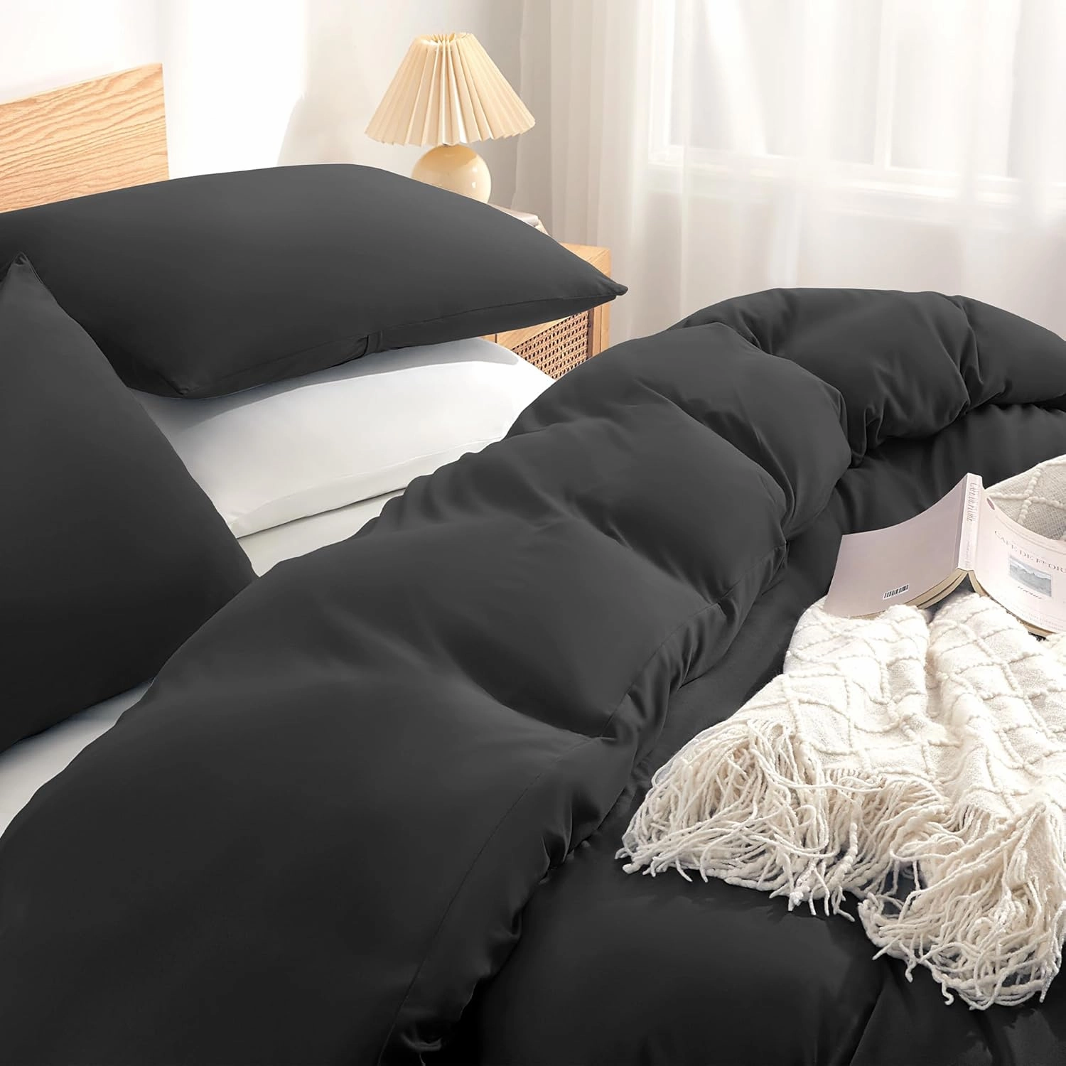 Sonive Twin/Twin XL Duvet Cover Set, Jersey Knit 3 Pieces Bedding Comforter Sets 1 Duvet Cover with 2 Pillow Shams, Breathable Comforter Cover wiht 8 Corner Ties, Super Soft Duvet Cover Black