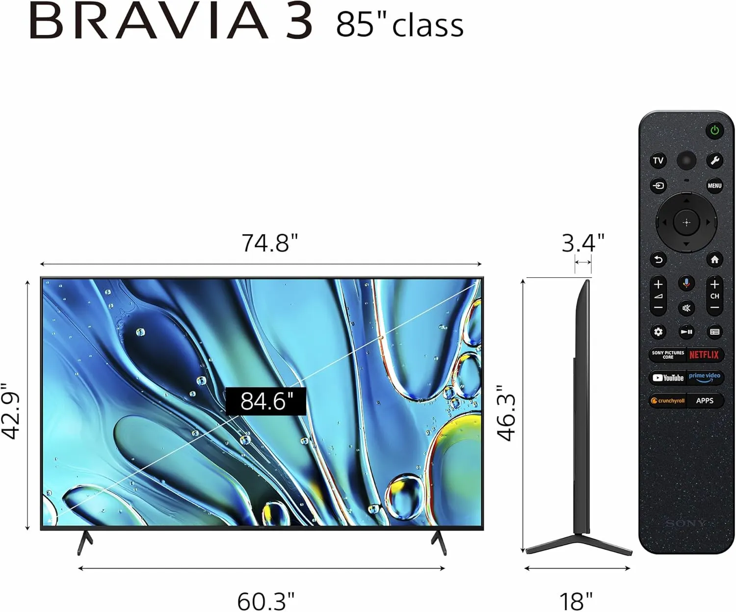 Sony 85-Inch Class 4K Ultra HD BRAVIA 3 LED Smart TV with Google TV, Dolby Vision HDR, and Exclusive Features for PlayStation®5 (K-85S30), 2024 Model