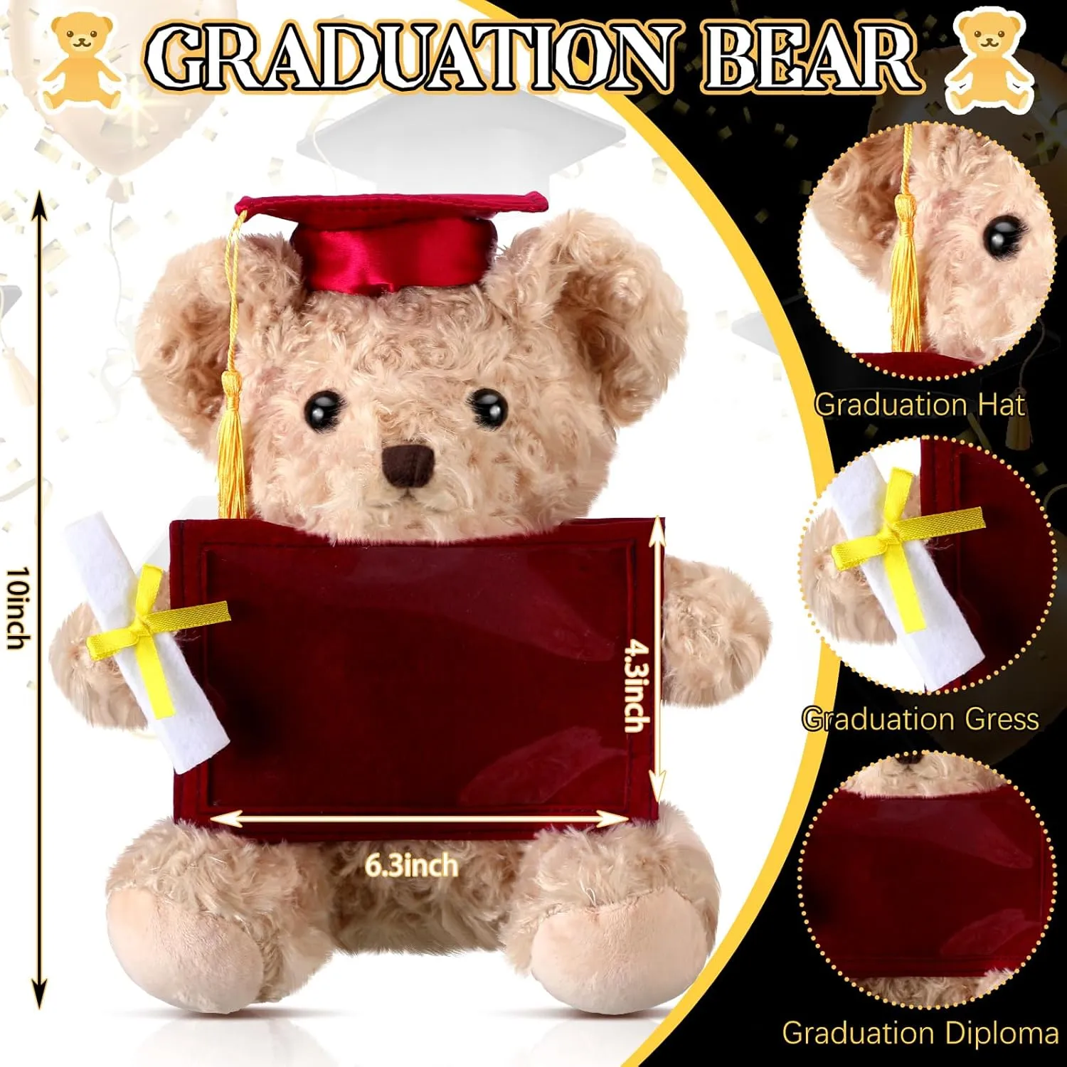 Sotiff 10'' 2025 Graduation Plush Bear with Picture Frame for 4 x 6'' Photo Graduation Gifts Stuffed Bear for Kids Granddaughter Son Girls Boys Preschool Kindergarten Students(Brown, Maroon)