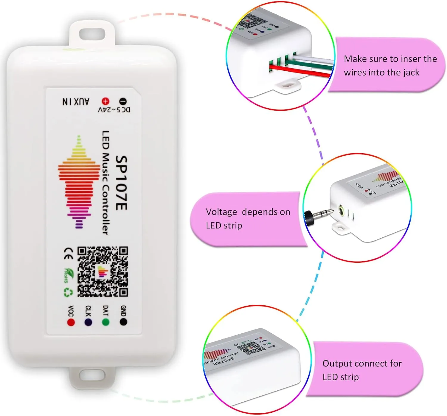 SP107e LED Controller, Music-Sync RGB Pixel Controller for WS2812b/Ws2811/SK6812 LED Strips & Screen Lighting, APP-Controlled Smart System with Real-Time Audio Effects