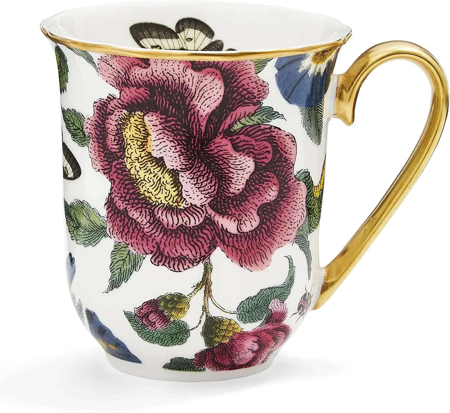 Spode Pimpernell Creatures of Curiosity Collection White Floral Coffee Mug, 12 Ounce, Gold Rim and Handle, Made of Fine China, Mugs for Coffee, Tea Cup, Hand Wash