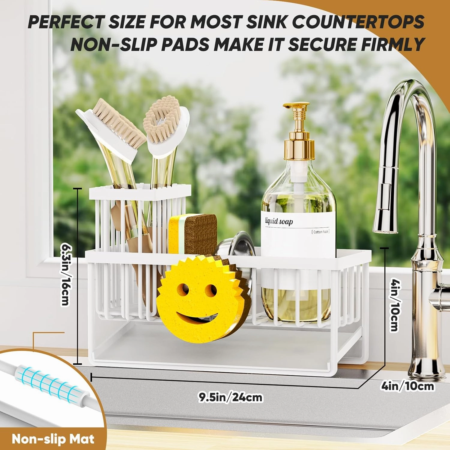Sponge Holder for Kitchen Sink,Smiley Face Sink Caddy with Removable Brush Holder,Self-Draining Sponge Caddy for Soap,Dish Brush,Scrubber,Kitchen Essentials and Gadgets-White
