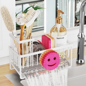 Sponge Holder for Kitchen Sink,Smiley Face Sink Caddy with Removable Brush Holder,Self-Draining Sponge Caddy for Soap,Dish Brush,Scrubber,Kitchen Essentials and Gadgets-White