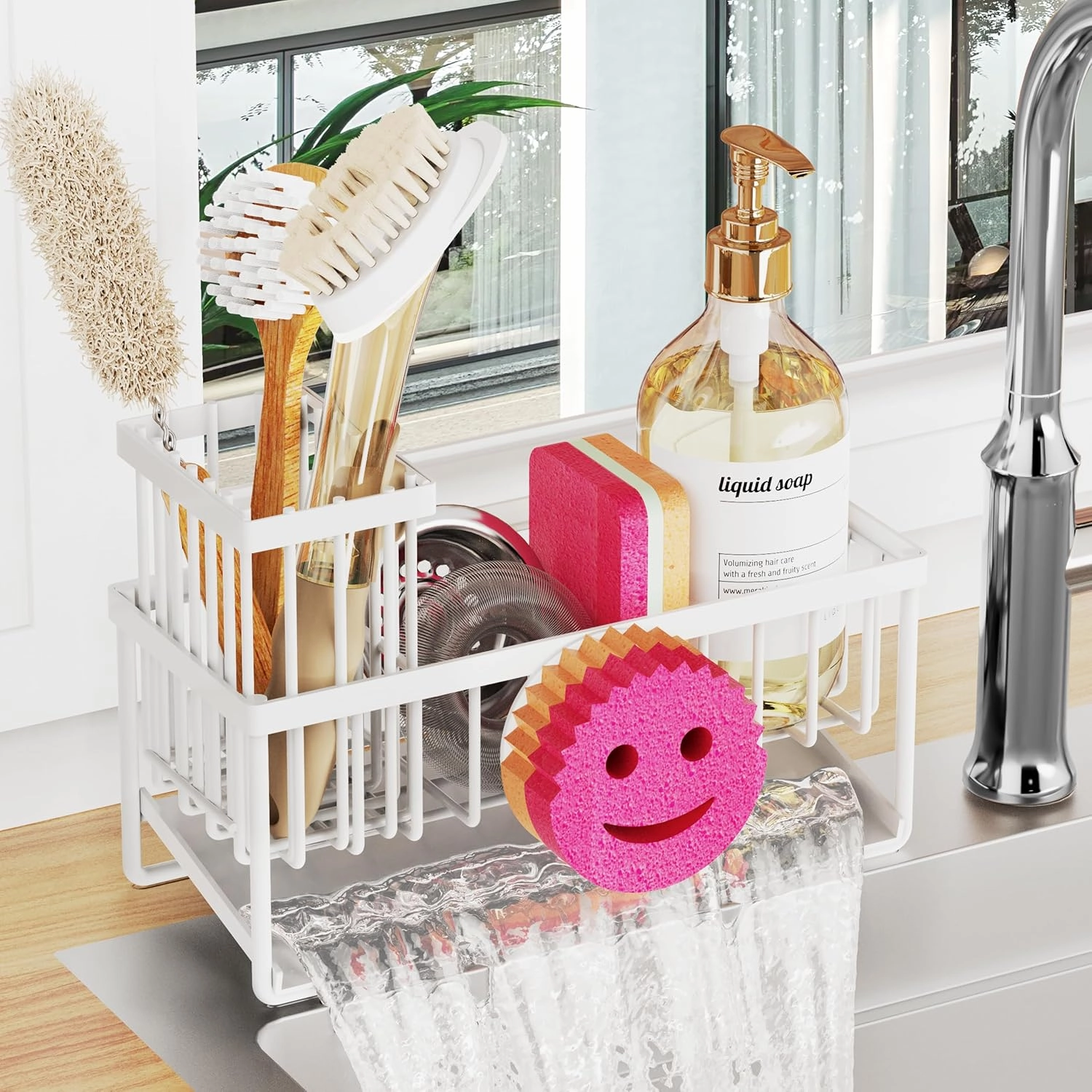 Sponge Holder for Kitchen Sink,Smiley Face Sink Caddy with Removable Brush Holder,Self-Draining Sponge Caddy for Soap,Dish Brush,Scrubber,Kitchen Essentials and Gadgets-White